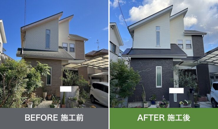 羽曳野市羽曳が丘の外壁塗装 施工前と施工後を並べた比較写真