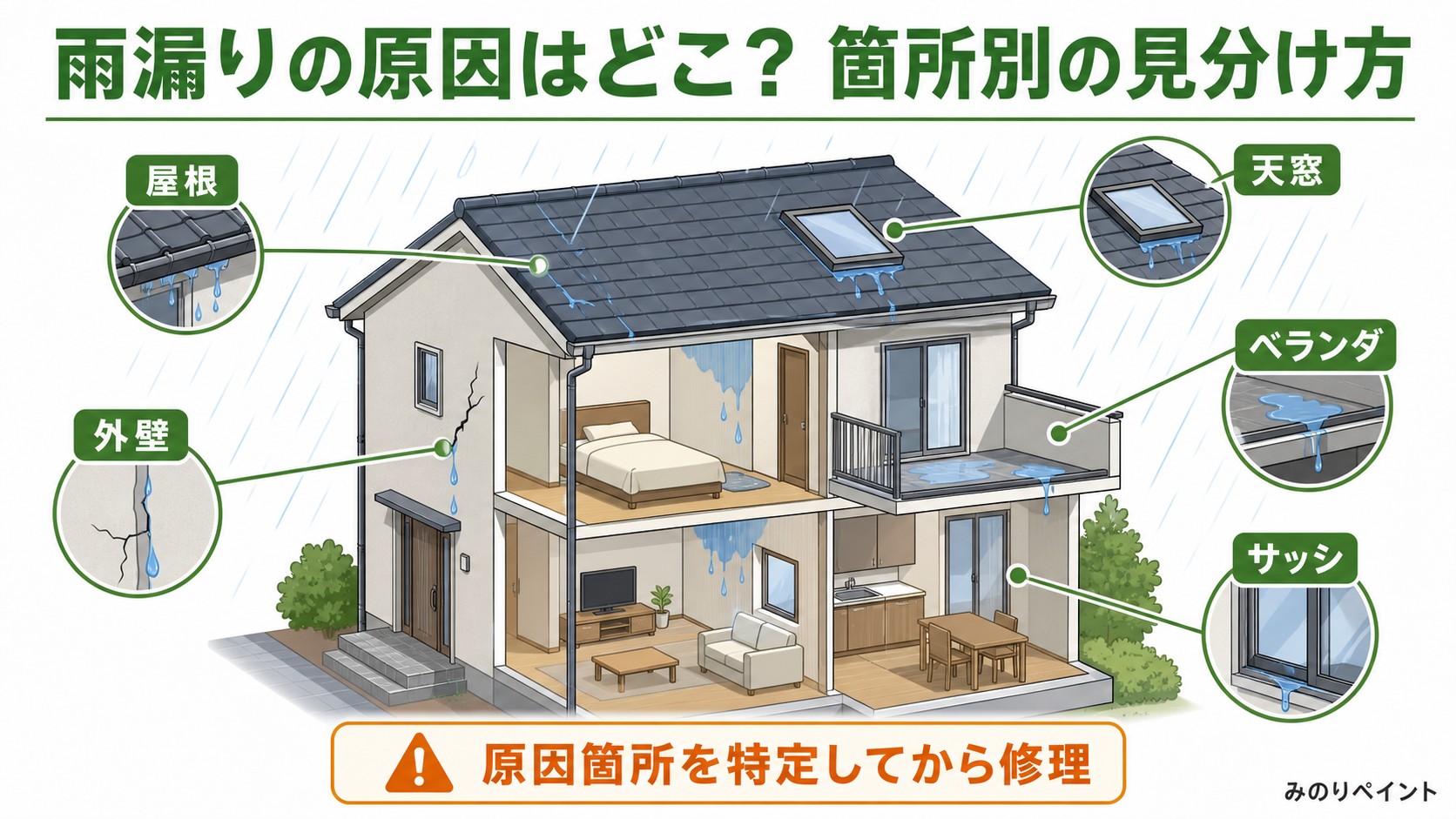 雨漏りの原因になりやすい屋根、外壁、ベランダ、サッシ、天窓の5箇所を示した一戸建て断面図