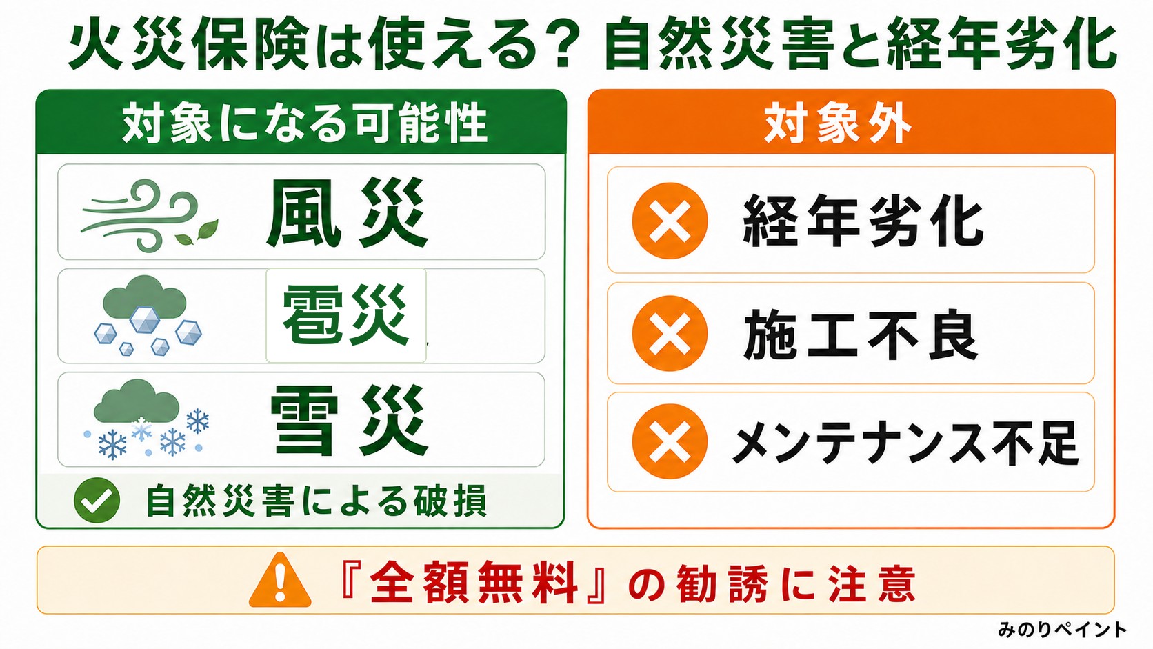 雨漏り修理で火災保険の対象になる可能性がある風災・雹災・雪災と対象外の経年劣化・施工不良・メンテナンス不足の比較図