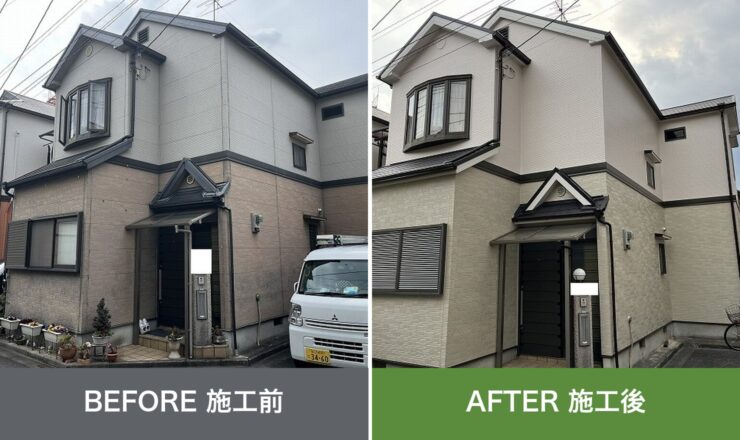 東大阪市箱殿町の外壁塗装 施工前と施工後を並べた比較写真