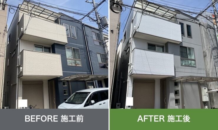 東大阪市加納の外壁塗装 施工前と施工後を並べた比較写真