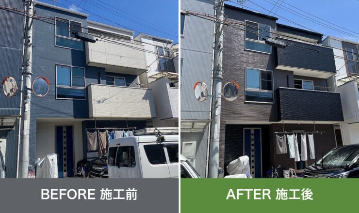 東大阪市加納の外壁塗装 施工前と施工後を並べた比較写真