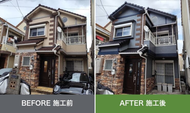 東大阪市日下町の外壁塗装 施工前と施工後を並べた比較写真