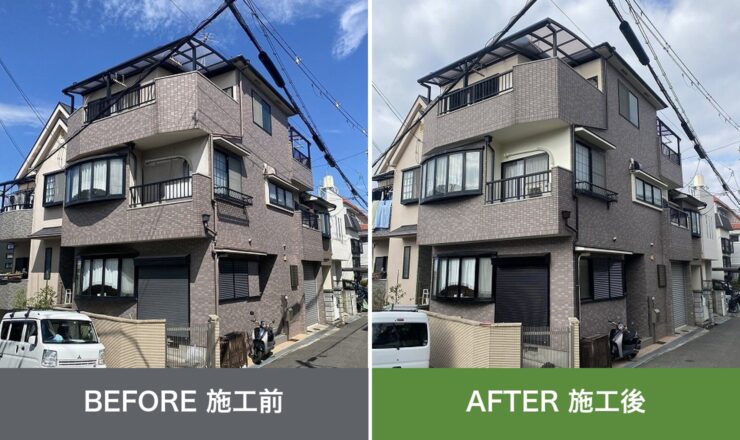 東大阪市日下町の外壁塗装 施工前と施工後を並べた比較写真
