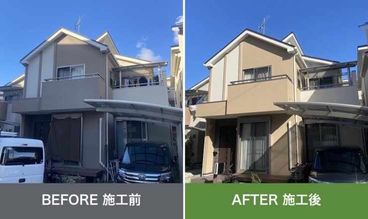 東大阪市新庄の外壁塗装 施工前と施工後を並べた比較写真