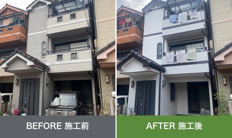 東大阪市吉田の外壁塗装 施工前と施工後を並べた比較写真