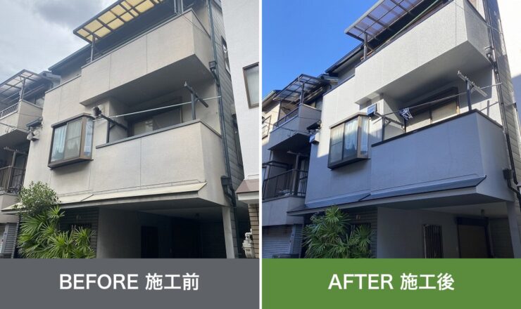 東大阪市吉田本町の外壁塗装 施工前と施工後を並べた比較写真