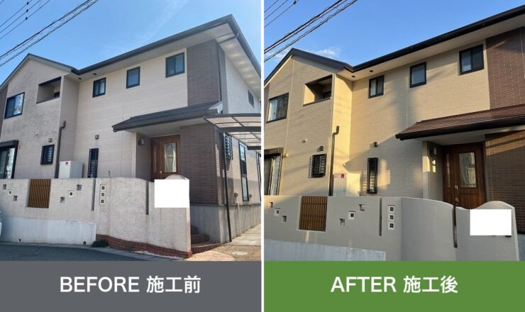 大阪市平野区の外壁塗装 施工前と施工後を並べた比較写真