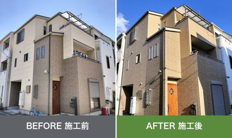 大阪市平野区加美東の外壁塗装 施工前と施工後を並べた比較写真