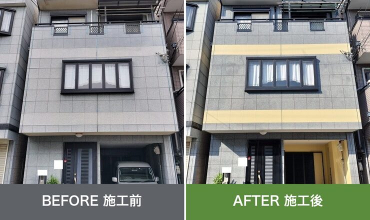 大阪市平野区長吉川辺の外壁塗装 施工前と施工後を並べた比較写真