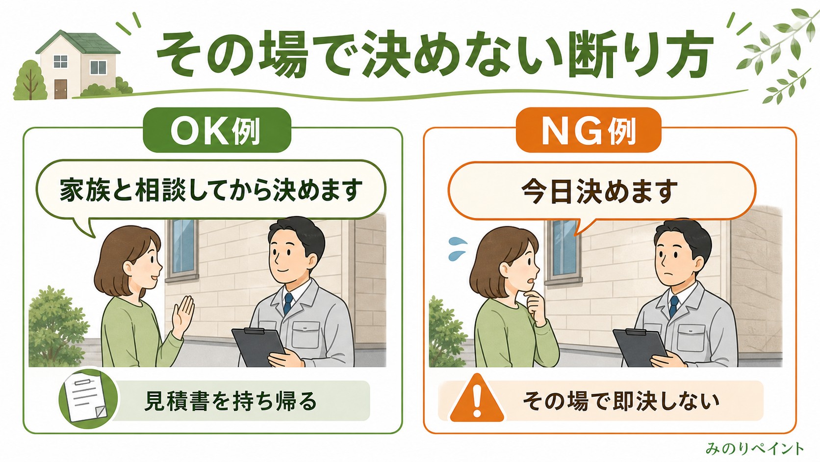 ハウスメーカーの点検で外壁塗装を勧められた時にその場で決めず保留する言い方の図解