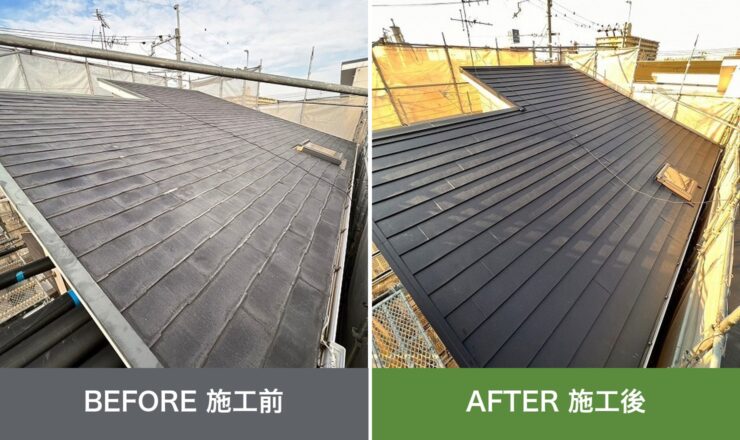 柏原市本郷の外壁塗装 施工前と施工後を並べた比較写真