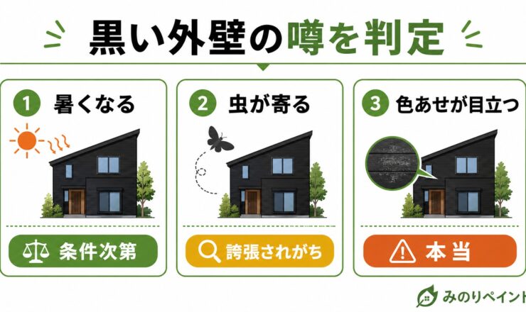 黒い外壁にまつわる暑さ・虫・色あせの噂を判定した図解