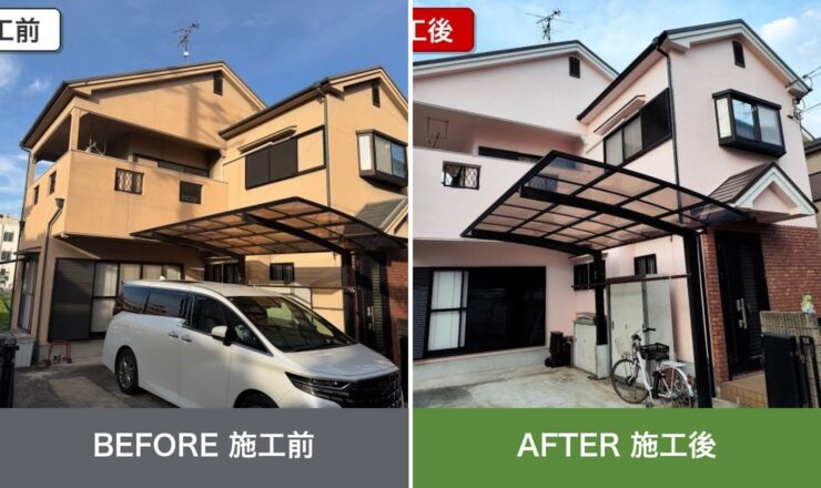 松原市別所の外壁塗装 施工前と施工後を並べた比較写真