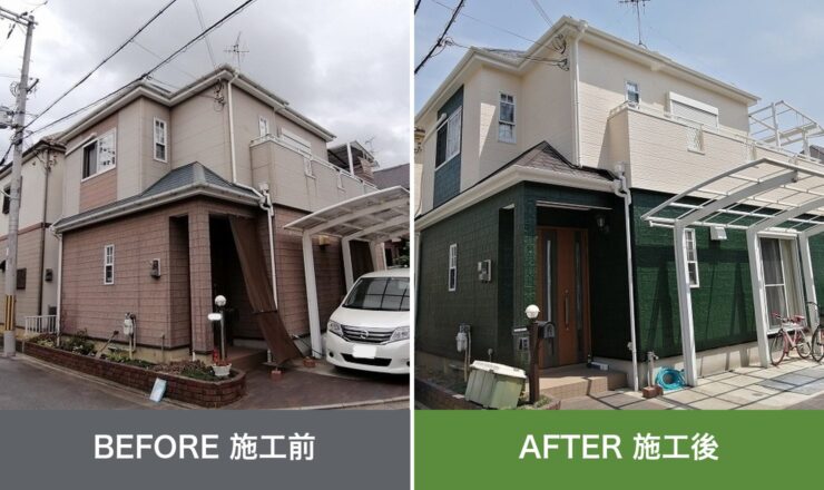 松原市大堀の外壁塗装 施工前と施工後を並べた比較写真