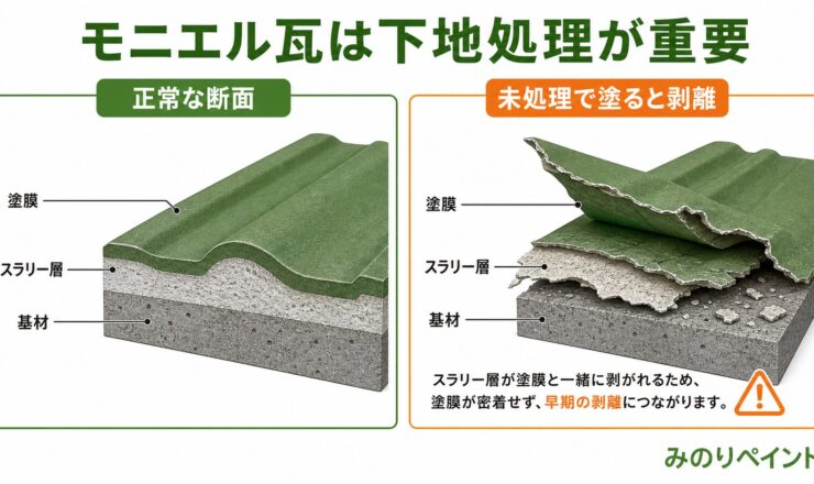 モニエル瓦の基材・スラリー層・塗膜の断面と剥離の仕組みを示す図解