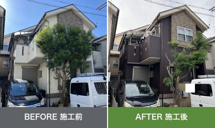 寝屋川市明徳の外壁塗装 施工前と施工後を並べた比較写真