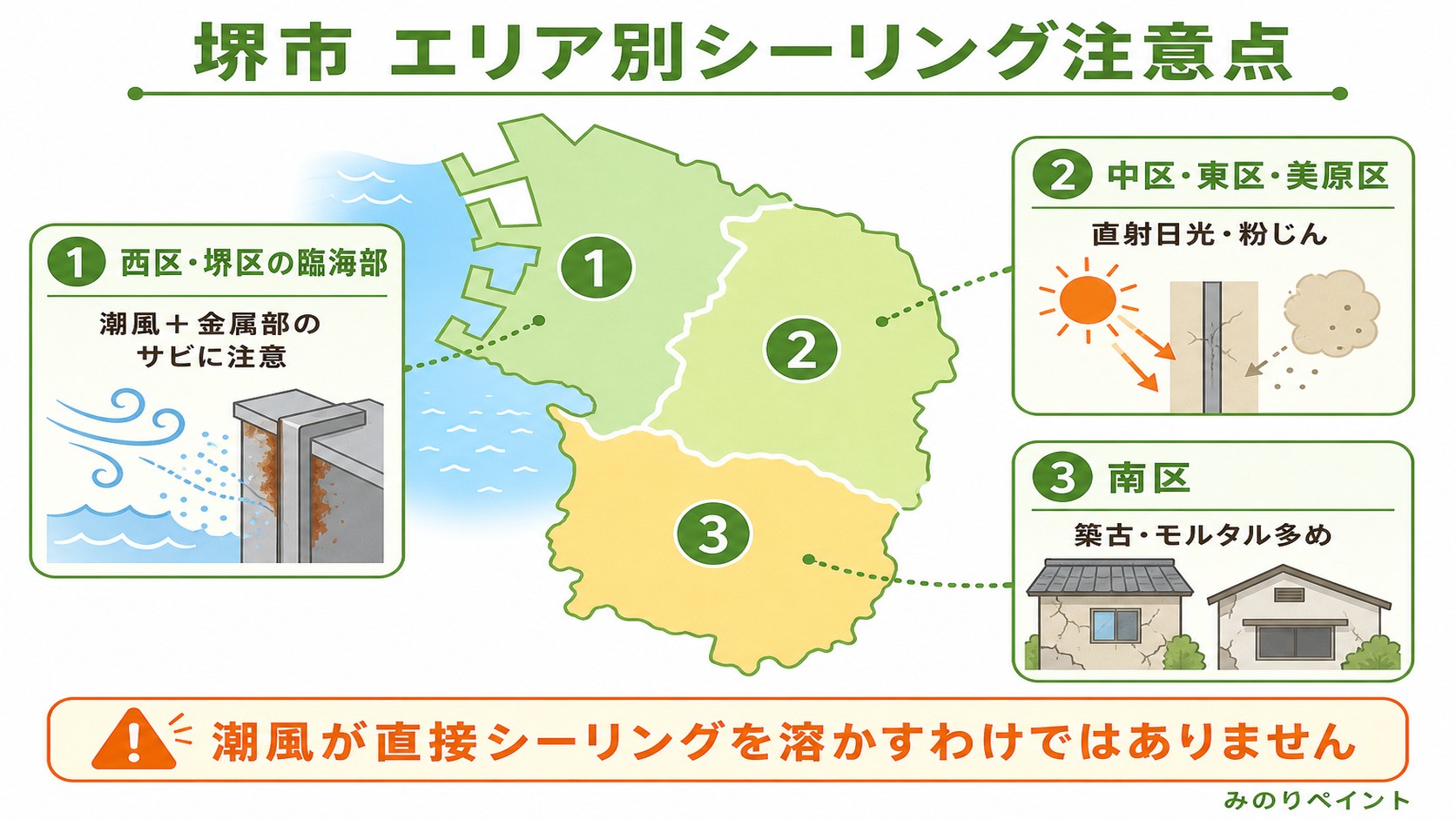 堺市のエリア別シーリング注意点。臨海部、内陸部、南区の劣化要因を整理した図解