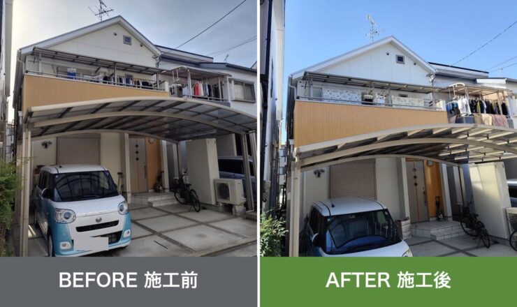 八尾市太子堂の外壁塗装 施工前と施工後を並べた比較写真
