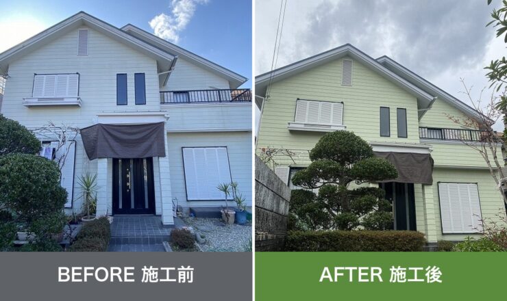 四条畷市田原台の外壁塗装 施工前と施工後を並べた比較写真