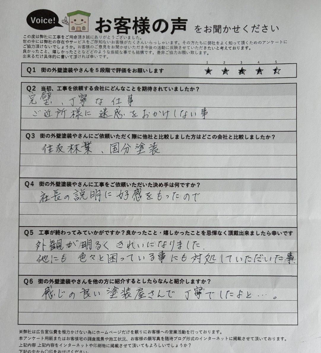 八尾市高安町南 施主様より頂いたお客様の声アンケート用紙(個人情報マスク済み)