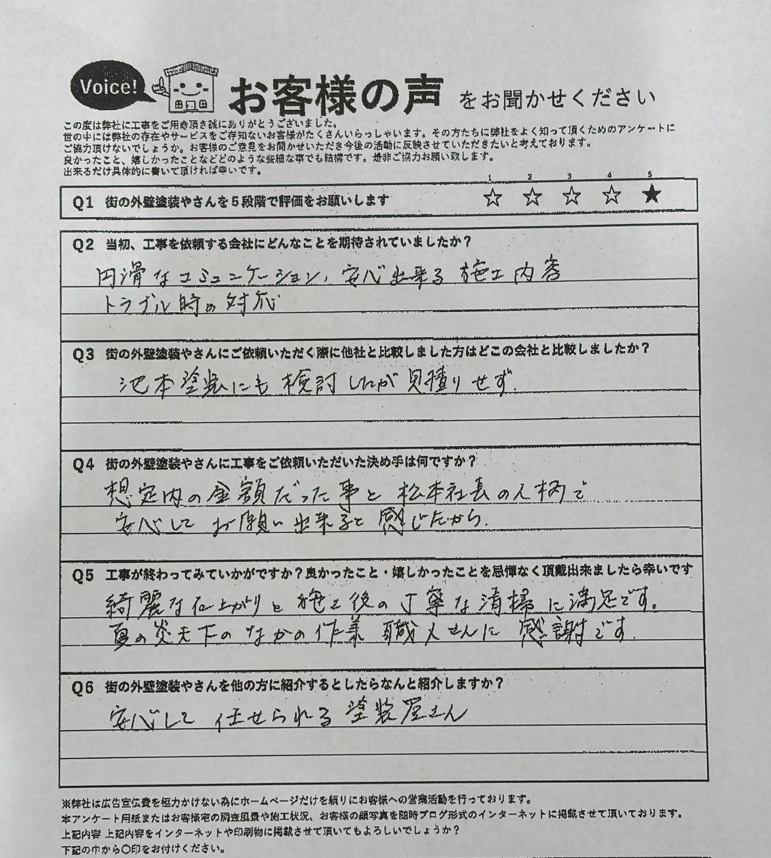 八尾市竹渕 施主様より頂いたお客様の声アンケート用紙