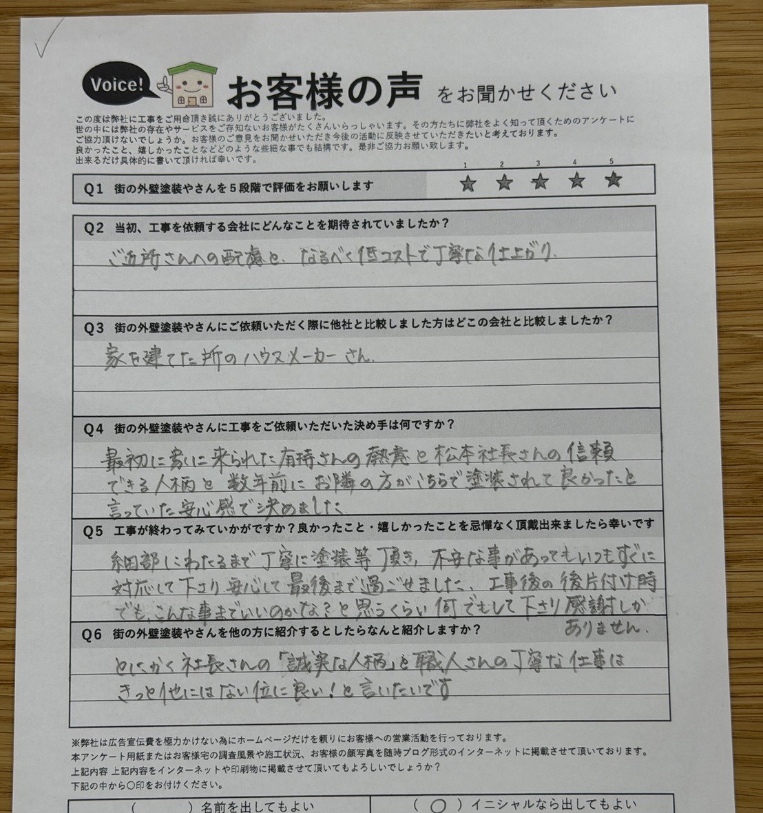 八尾市神宮寺 施主様より頂いたお客様の声アンケート用紙（個人情報マスク済み）
