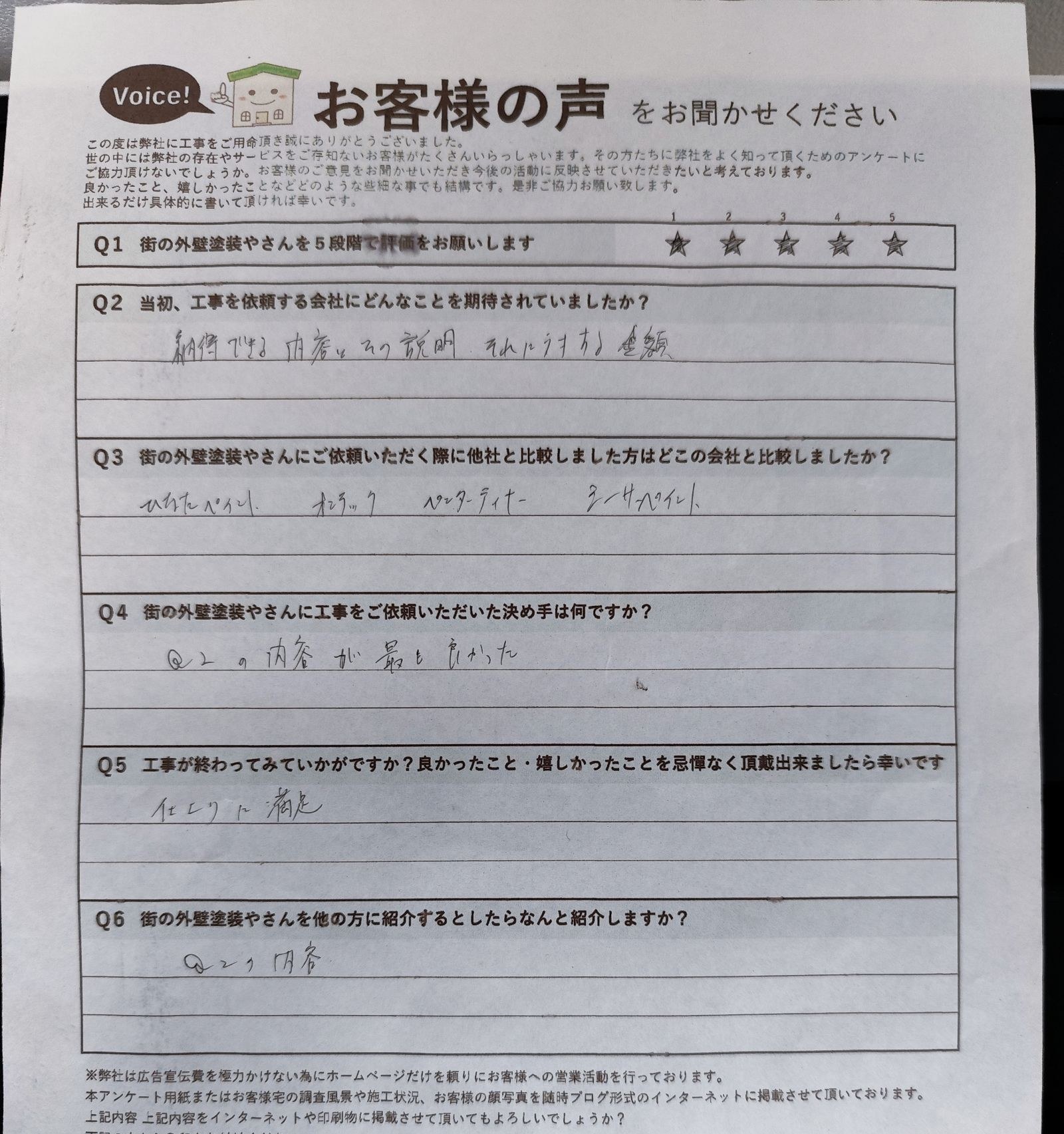 八尾市久宝寺 施主様より頂いたお客様の声アンケート用紙(個人情報マスク済み)