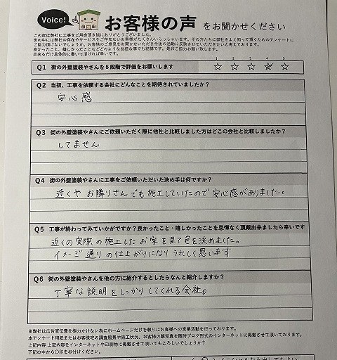 東大阪市 施主様より頂いたお客様の声アンケート用紙