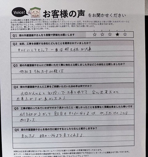 大阪市生野区の施主様より頂いたお客様の声アンケート用紙