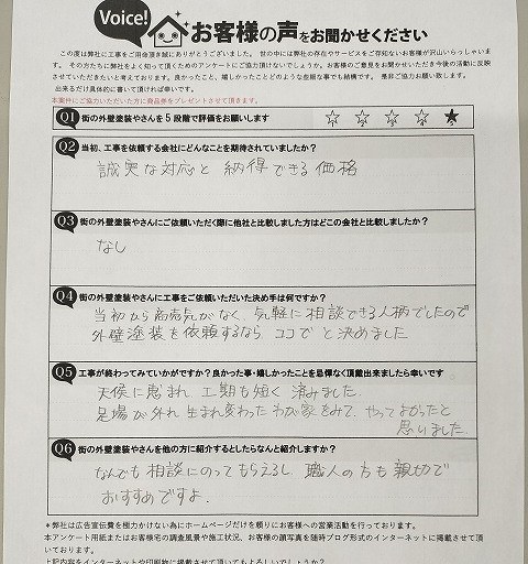 八尾市太子堂 施主様より頂いたお客様の声アンケート用紙