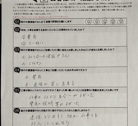 お客様アンケート（お名前・ご住所の欄は掲載していません）