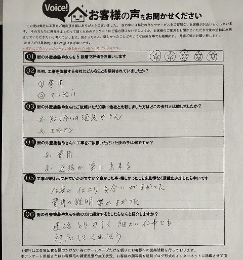 八尾市太子堂 施主様より頂いたお客様の声アンケート用紙