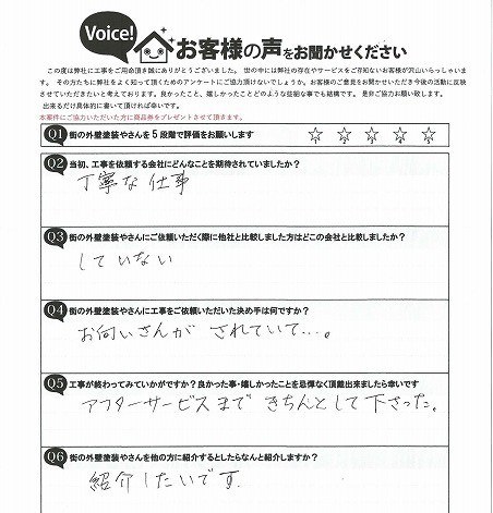 柏原市国分西 施主様より頂いたお客様の声アンケート用紙（個人情報マスク済み）