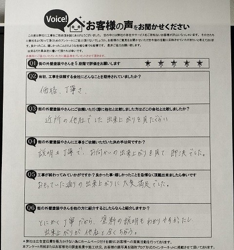 堺市西区 施主様より頂いたお客様の声アンケート用紙（個人情報マスク済み）