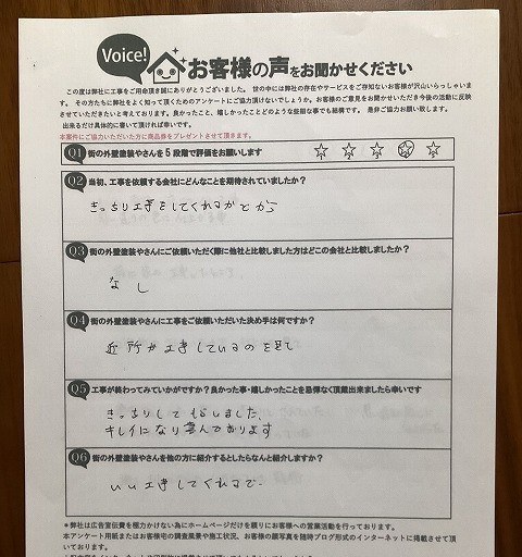 東大阪市吉田本町 施主様より頂いたお客様の声アンケート用紙（個人情報マスク済み）