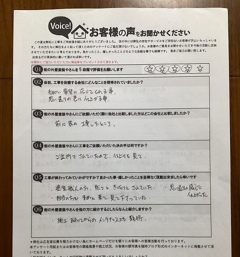 東大阪市吉田本町 匿名様より頂いたお客様の声アンケート用紙（個人情報マスク済み）