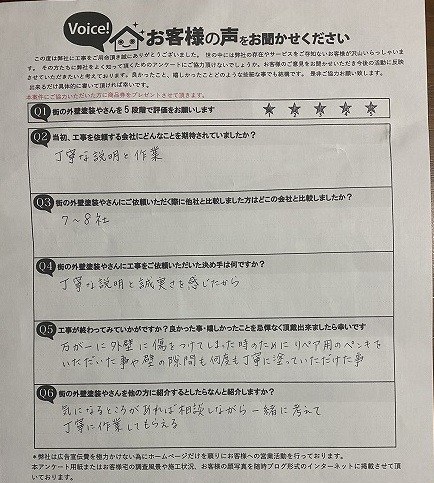 東大阪市新庄 施主様より頂いたお客様の声アンケート用紙（個人情報マスク済み）
