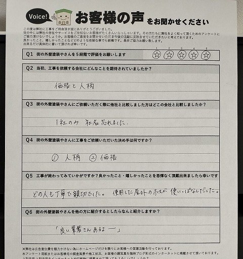 平野区元町 施主様より頂いたお客様の声アンケート用紙(個人情報マスク済み)