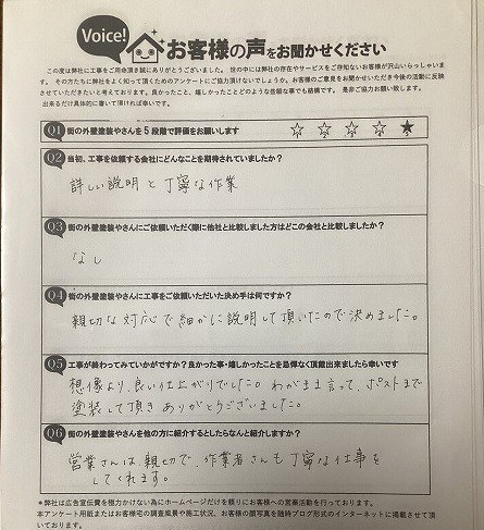 東大阪市新庄 施主様より頂いたお客様の声アンケート用紙(個人情報マスク済み)