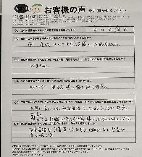 堺市西区浜寺船尾町東 施主様より頂いたお客様の声アンケート用紙（個人情報マスク済み）