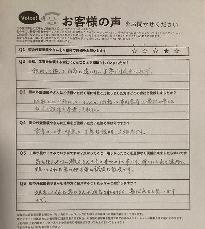 平野区の施主様より頂いたお客様の声アンケート用紙(個人情報マスク済み)