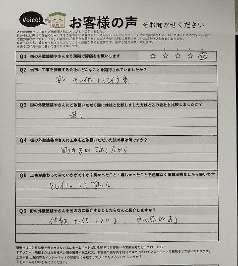 羽曳野市羽曳が丘 施主様より頂いたお客様の声アンケート用紙（個人情報マスク済み）
