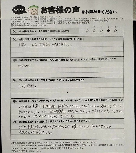 羽曳野市羽曳が丘 施主様より頂いたお客様の声アンケート用紙(個人情報マスク済み)