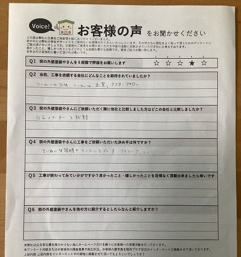 東大阪市 施主様より頂いたお客様の声アンケート用紙（個人情報マスク済み）