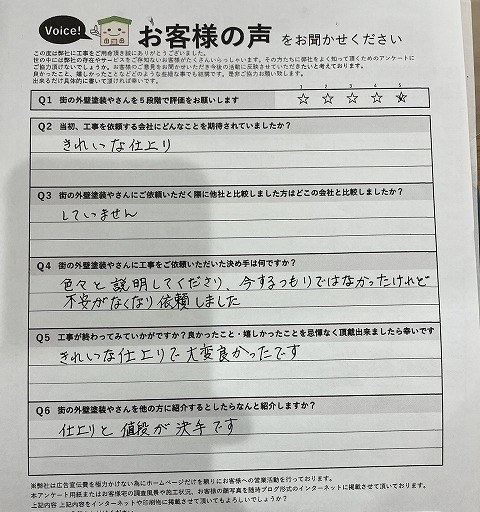 羽曳野市の施主様より頂いたお客様の声アンケート用紙（個人情報マスク済み）