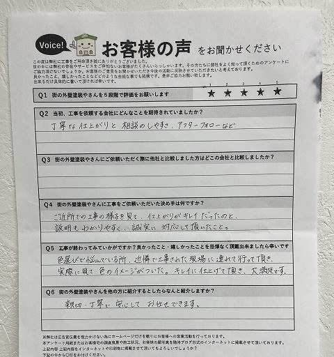 大東市 施主様より頂いたお客様の声アンケート用紙（個人情報マスク済み）